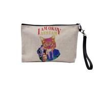 Pochette en Lin - I am Okay Yes I Am Chat Pistolet Collage Vintage Illustration Art Humour Parodie Animal - Trousse Maquillage en Toile Aspect Lin - Trousse de Toilette - 23,5 x15 cm