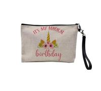 Pochette en Lin - It's My Magical Birthday Licorne Anniversaire - Trousse Maquillage en Toile Aspect Lin - Trousse de Toilette - 23,5 x15 cm