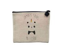 Pochette en Lin - Jamais sans ma Licorne Humour Dessin Panda avec Corne Arc-en-Ciel Mignon Animaux - Trousse Maquillage en Toile Aspect Lin - Porte Monnaie - 15 x10 cm