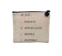 Pochette en Lin - Je suis Merveilleuse Cases à Cocher Femme - Trousse Maquillage en Toile Aspect Lin - Porte Monnaie - 15 x10 cm