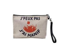 Pochette en Lin - J'Peux Pas J'Ai Manif - Militant France Blague Manifestation - Trousse Maquillage en Toile Aspect Lin - Trousse de Toilette - 23,5 x15 cm