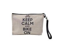 Pochette en Lin - Keep Calm and Bike on Parodie Angleterre Sport Vélo - Trousse Maquillage en Toile Aspect Lin - Trousse de Toilette - 23,5 x15 cm