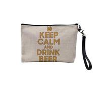 Pochette en Lin - Keep Calm and Drink Beer Parodie Angleterre Apéro - Trousse Maquillage en Toile Aspect Lin - Trousse de Toilette - 23,5 x15 cm