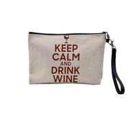 Pochette en Lin - Keep Calm and Drink Wine Parodie Angleterre Apéro Vin - Trousse Maquillage en Toile Aspect Lin - Trousse de Toilette - 23,5 x15 cm