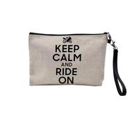 Pochette en Lin - Keep Calm and Ride on Parodie Angleterre Moto Motard - Trousse Maquillage en Toile Aspect Lin - Trousse de Toilette - 23,5 x15 cm