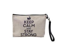 Pochette en Lin - Keep Calm and Stay Strong Parodie Sport Musculation - Trousse Maquillage en Toile Aspect Lin - Trousse de Toilette - 23,5 x15 cm