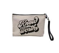 Pochette en Lin - Know Your Worth Typographie Message Bien Etre Self Care Amour Santé - Trousse Maquillage en Toile Aspect Lin - Trousse de Toilette - 23,5 x15 cm