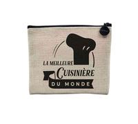 Pochette en Lin - La Meilleure Cuisiniere du Monde Maman Famille Cuisine Chef Restaurant - Trousse Maquillage en Toile Aspect Lin - Porte Monnaie - 15 x10 cm