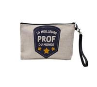 Pochette en Lin - La Meilleure Prof du Monde Collège Lycée Professeur Ecole Education - Trousse Maquillage en Toile Aspect Lin - Trousse de Toilette - 23,5 x15 cm