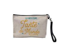 Pochette en Lin - La Meilleure Tante du Monde Famille Tata Tatie - Trousse Maquillage en Toile Aspect Lin - Trousse de Toilette - 23,5 x15 cm