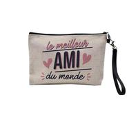 Pochette en Lin - Le Meilleur Ami du Monde Amitié Copain Copine - Trousse Maquillage en Toile Aspect Lin - Trousse de Toilette - 23,5 x15 cm