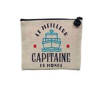 Pochette en Lin - Le Meilleur Capitaine du Monde Navire Bateau Navigation Océan - Trousse Maquillage en Toile Aspect Lin - Porte Monnaie - 15 x10 cm