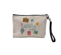 Pochette en Lin - Le Meilleur Globetrotteur du Monde Voyage Wanderlust Monde Aventure - Trousse Maquillage en Toile Aspect Lin - Trousse de Toilette - 23,5 x15 cm