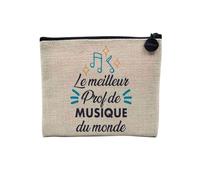 Pochette en Lin - Le Meilleur Prof de Musique du Monde College Lycee Conservatoire Instrument - Trousse Maquillage en Toile Aspect Lin - Porte Monnaie - 15 x10 cm