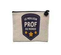 Pochette en Lin - Le Meilleur Prof du Monde Collège Lycée Professeur Ecole Education - Trousse Maquillage en Toile Aspect Lin - Porte Monnaie - 15 x10 cm
