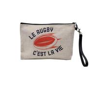 Pochette en Lin - Le Rugby C'est la Vie Sport XV Ballon Stade France - Trousse Maquillage en Toile Aspect Lin - Trousse de Toilette - 23,5 x15 cm