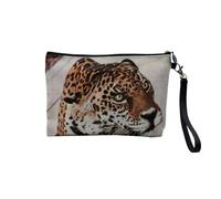 Pochette en Lin - Léopard Assis Oreilles Baissées Craintif Beau Regard Félin Fauve Sauvage Animaux - Trousse Maquillage en Toile Aspect Lin - Trousse de Toilette - 23,5 x15 cm