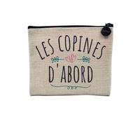 Pochette en Lin - Les Copines d'abord Amies Potes - Trousse Maquillage en Toile Aspect Lin - Porte Monnaie - 15 x10 cm