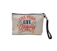 Pochette en Lin - Live Your Life Joyfully Typographie Message Positivité Bien Etre Good Vibes - Trousse Maquillage en Toile Aspect Lin - Trousse de Toilette - 23,5 x15 cm