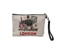 Pochette en Lin - London Collage Londres Voyage Vintage - Trousse Maquillage en Toile Aspect Lin - Trousse de Toilette - 23,5 x15 cm