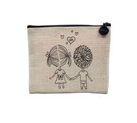 Pochette en Lin - Love Dessin Couple se Tenant par la Main Coeur Illustration Saint Valentin - Trousse Maquillage en Toile Aspect Lin - Porte Monnaie - 15 x10 cm