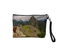 Pochette en Lin - Machu Picchu Lama Selfie Peru Incas - Trousse Maquillage en Toile Aspect Lin - Trousse de Toilette - 23,5 x15 cm
