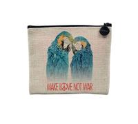 Pochette en Lin - Make Love Not War Perroquet Collage Vintage Illustration Art Animal Oiseau Hippie - Trousse Maquillage en Toile Aspect Lin - Porte Monnaie - 15 x10 cm