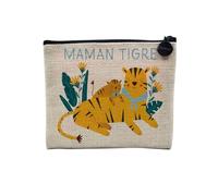 Pochette en Lin - Maman Tigre et Son Bébé Dessin Mignon - Trousse Maquillage en Toile Aspect Lin - Porte Monnaie - 15 x10 cm