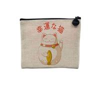 Pochette en Lin - Maneki-Neko Chat Japon Asie Culture Chine Porte Bonheur - Trousse Maquillage en Toile Aspect Lin - Porte Monnaie - 15 x10 cm