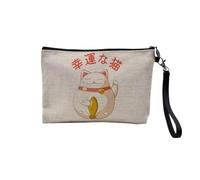 Pochette en Lin - Maneki-Neko Chat Japon Asie Culture Chine Porte Bonheur - Trousse Maquillage en Toile Aspect Lin - Trousse de Toilette - 23,5 x15 cm