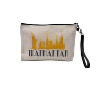 Pochette en Lin - Manhattan New York Etats-Unis Luxe Vintage Style - Trousse Maquillage en Toile Aspect Lin - Trousse de Toilette - 23,5 x15 cm