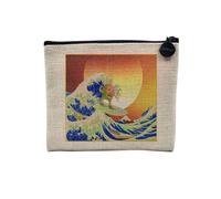 Pochette en Lin - Meme Surfing Houkusai Waves Collage Vintage Illustration Art Humour Parodie Meme Blague Zoomer - Trousse Maquillage en Toile Aspect Lin - Porte Monnaie - 15 x10 cm
