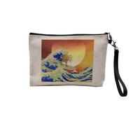 Pochette en Lin - Meme Surfing Houkusai Waves Collage Vintage Illustration Art Humour Parodie Meme Blague Zoomer - Trousse Maquillage en Toile Aspect Lin - Trousse de Toilette - 23,5 x15 cm