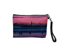 Pochette en Lin - Mer Devant Ville Cotière Coucher de Soleil Rose - Trousse Maquillage en Toile Aspect Lin - Trousse de Toilette - 23,5 x15 cm