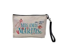 Pochette en Lin - Mes Amis Marins Animaux Aquatique Dessin Illustration - Trousse Maquillage en Toile Aspect Lin - Trousse de Toilette - 23,5 x15 cm