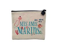 Pochette en Lin - Mes Amis Marins Animaux Aquatique Dessin Illustration - Trousse Maquillage en Toile Aspect Lin - Porte Monnaie - 15 x10 cm
