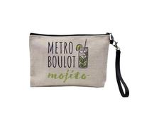 Pochette en Lin - Métro Boulot Mojito Apéro Rhum Cocktail - Trousse Maquillage en Toile Aspect Lin - Trousse de Toilette - 23,5 x15 cm
