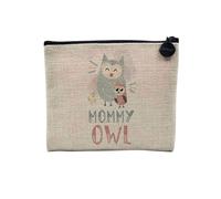 Pochette en Lin - Mommy Owl and Her Baby Drawing Illustration - Trousse Maquillage en Toile Aspect Lin - Porte Monnaie - 15 x10 cm