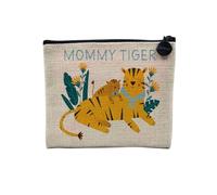 Pochette en Lin - Mommy Tiger and Her Baby Drawing Illustration Cute - Trousse Maquillage en Toile Aspect Lin - Porte Monnaie - 15 x10 cm