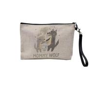 Pochette en Lin - Mommy Wolf and Her Baby Drawing Illustration Moon - Trousse Maquillage en Toile Aspect Lin - Trousse de Toilette - 23,5 x15 cm
