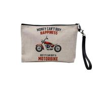 Pochette en Lin - Motorbike - Money Can't Buy Happiness Travel - Trousse Maquillage en Toile Aspect Lin - Trousse de Toilette - 23,5 x15 cm