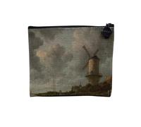 Pochette en Lin - Moulin Peinture Paysage 1800 Europe Ancien Impressionisme - Trousse Maquillage en Toile Aspect Lin - Porte Monnaie - 15 x10 cm