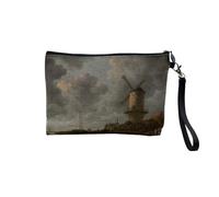 Pochette en Lin - Moulin Peinture Paysage 1800 Europe Ancien Impressionisme - Trousse Maquillage en Toile Aspect Lin - Trousse de Toilette - 23,5 x15 cm