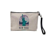 Pochette en Lin - New York United States Illustration Etats Unis Statue Liberté - Trousse Maquillage en Toile Aspect Lin - Trousse de Toilette - 23,5 x15 cm