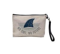 Pochette en Lin - No Fins, No Future Ecology Shark Sea - Trousse Maquillage en Toile Aspect Lin - Trousse de Toilette - 23,5 x15 cm