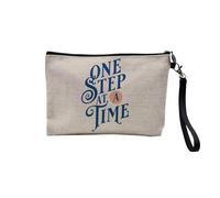 Pochette en Lin - One Step at a Time Typographie Message Citation Inspirante Motivation - Trousse Maquillage en Toile Aspect Lin - Trousse de Toilette - 23,5 x15 cm