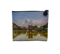 Pochette en Lin - Pagode Au Mileu d'un Lac Viet-Nam Bouddhisme Sérénité - Trousse Maquillage en Toile Aspect Lin - Porte Monnaie - 15 x10 cm