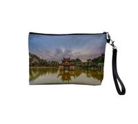 Pochette en Lin - Pagode Au Mileu d'un Lac Viet-Nam Bouddhisme Sérénité - Trousse Maquillage en Toile Aspect Lin - Trousse de Toilette - 23,5 x15 cm