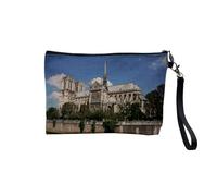 Pochette en Lin - Paris Eglise Cathedrale Notre Dame Monument France - Trousse Maquillage en Toile Aspect Lin - Trousse de Toilette - 23,5 x15 cm