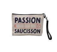 Pochette en Lin - Passion Saucisson Charcuterie France Apéro - Trousse Maquillage en Toile Aspect Lin - Trousse de Toilette - 23,5 x15 cm